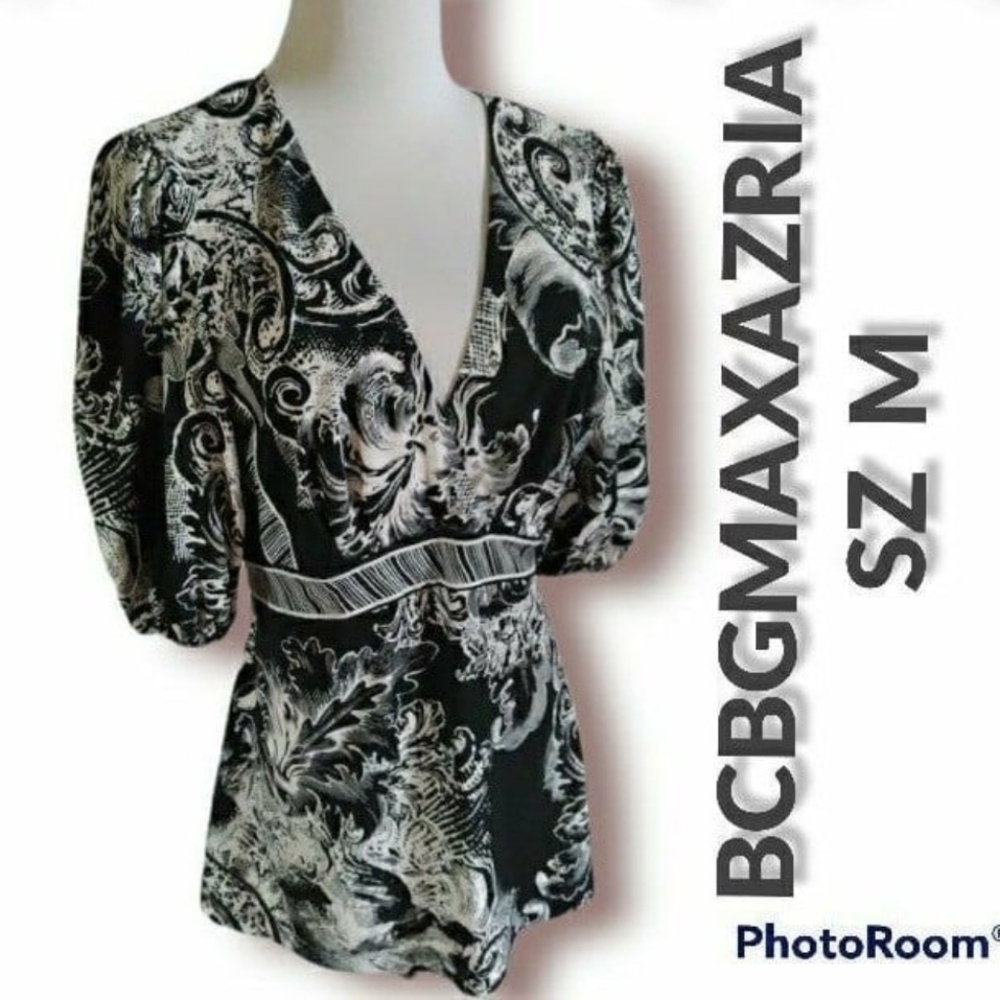 BCBGMAXAZRIA Tunic Top Black and White 3/4 Sleeve Faux Wrap Blouse Size M Women